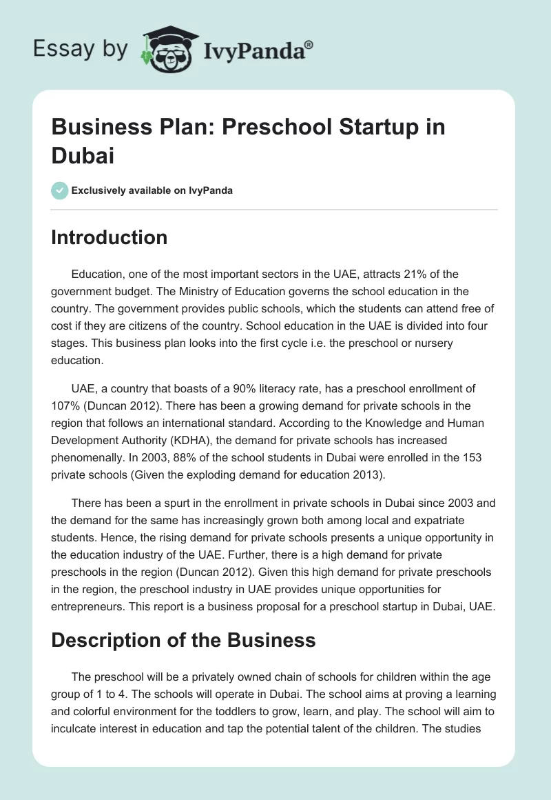 Business Plan: Preschool Startup in Dubai. Page 1