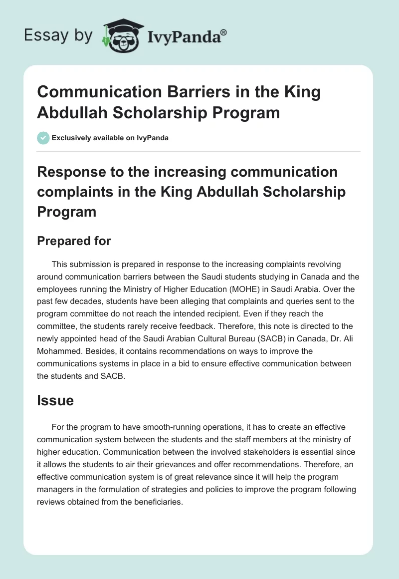 Communication Barriers in the King Abdullah Scholarship Program. Page 1