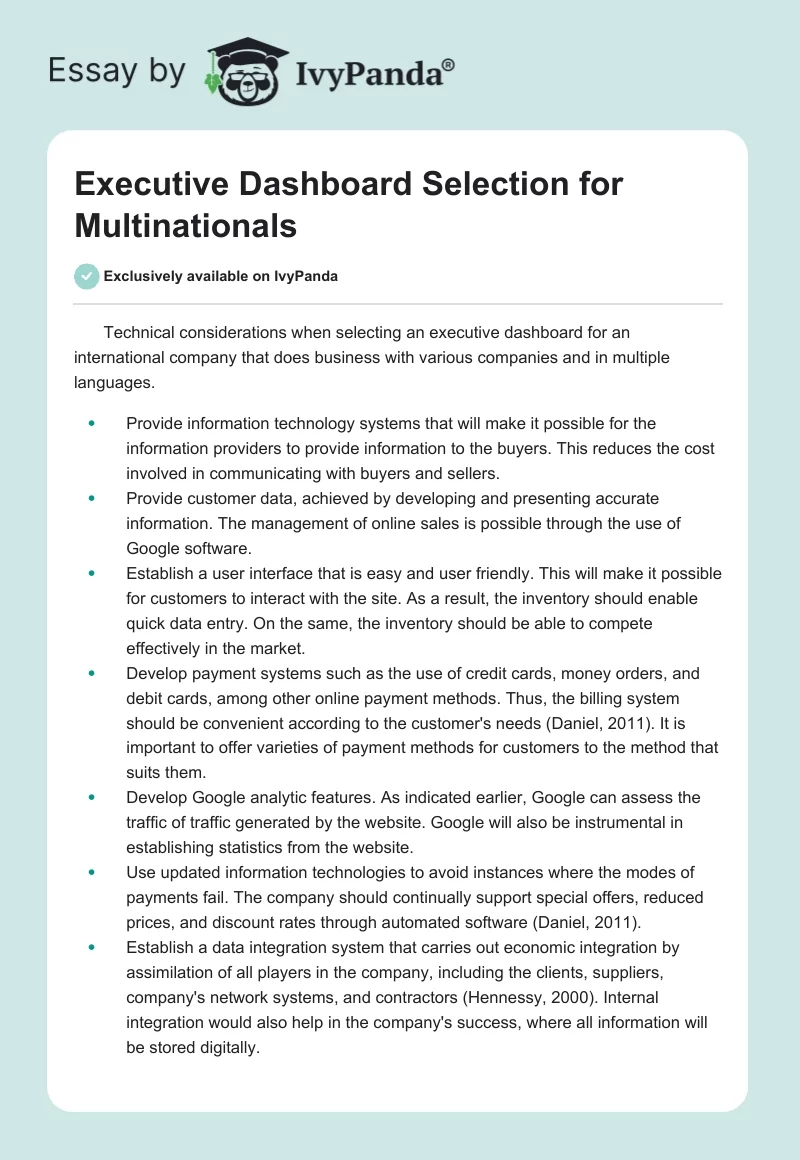 Executive Dashboard Selection for Multinationals. Page 1