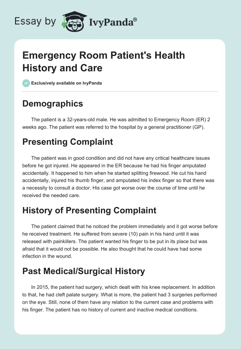 Emergency Room Patient's Health History and Care. Page 1