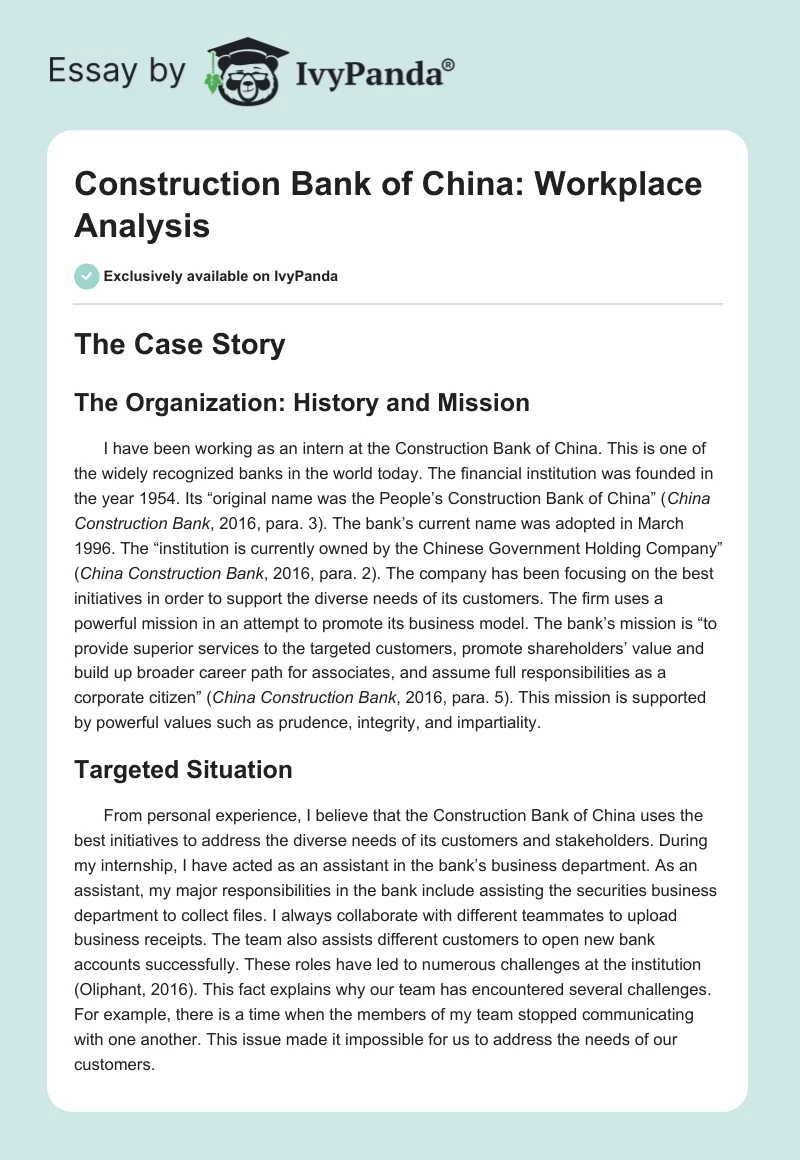 Construction Bank of China: Workplace Analysis. Page 1