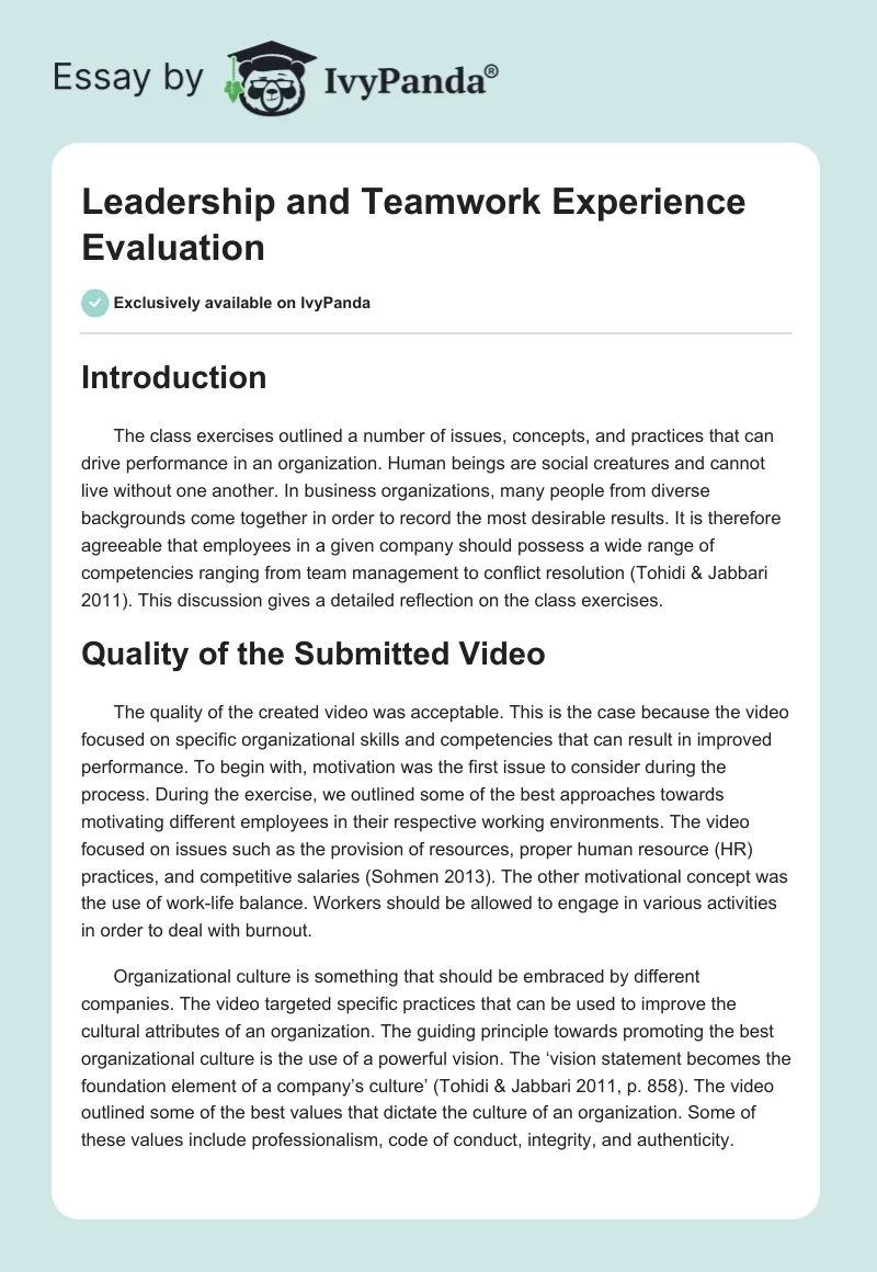 Leadership and Teamwork Experience Evaluation. Page 1