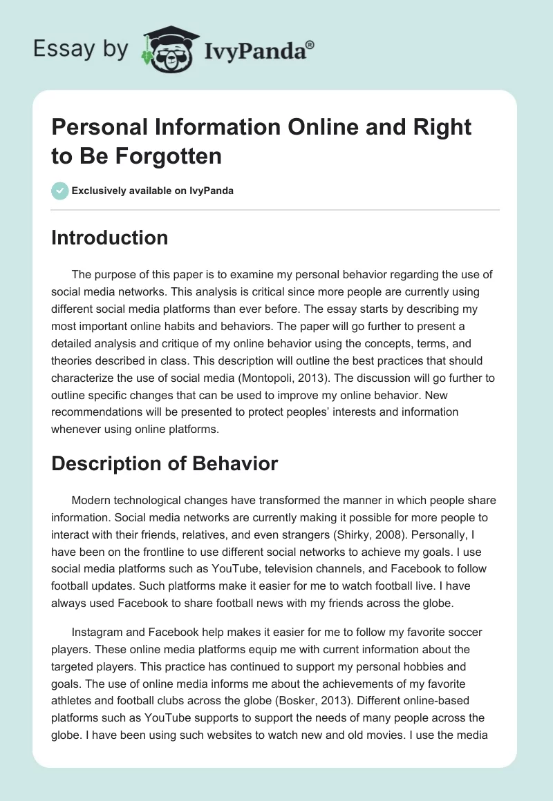Personal Information Online and Right to Be Forgotten. Page 1