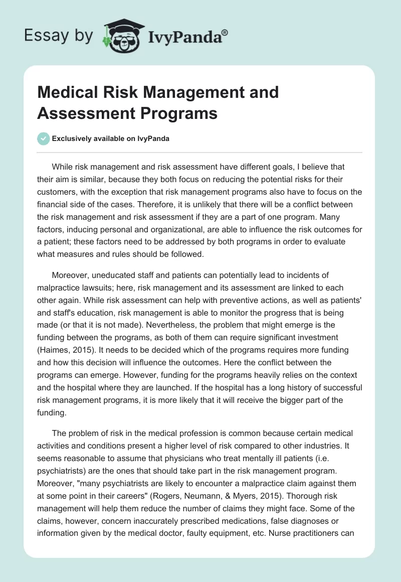 Medical Risk Management and Assessment Programs. Page 1