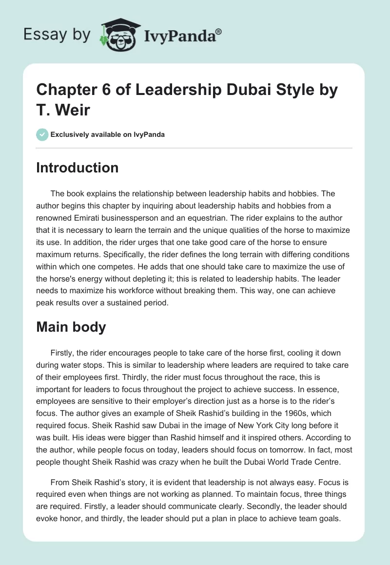 Chapter 6 of "Leadership Dubai Style" by T. Weir. Page 1