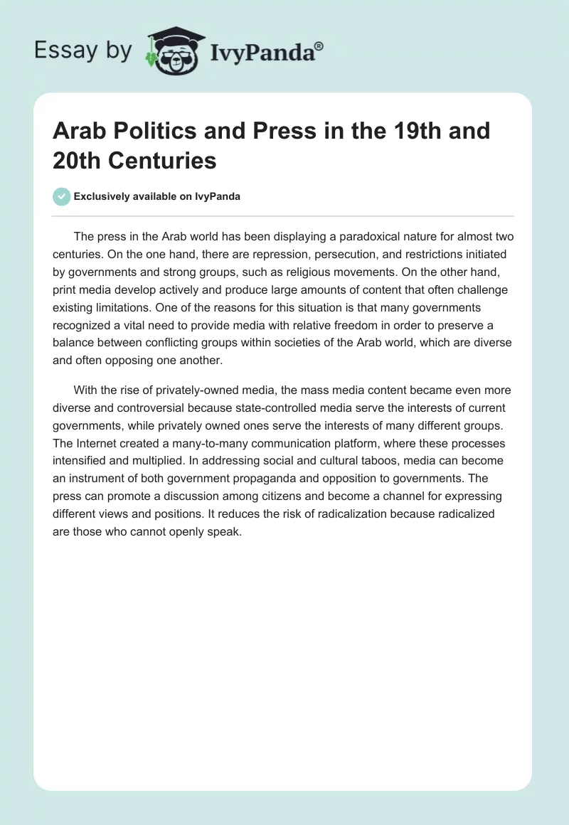 Arab Politics and Press in the 19th and 20th Centuries. Page 1