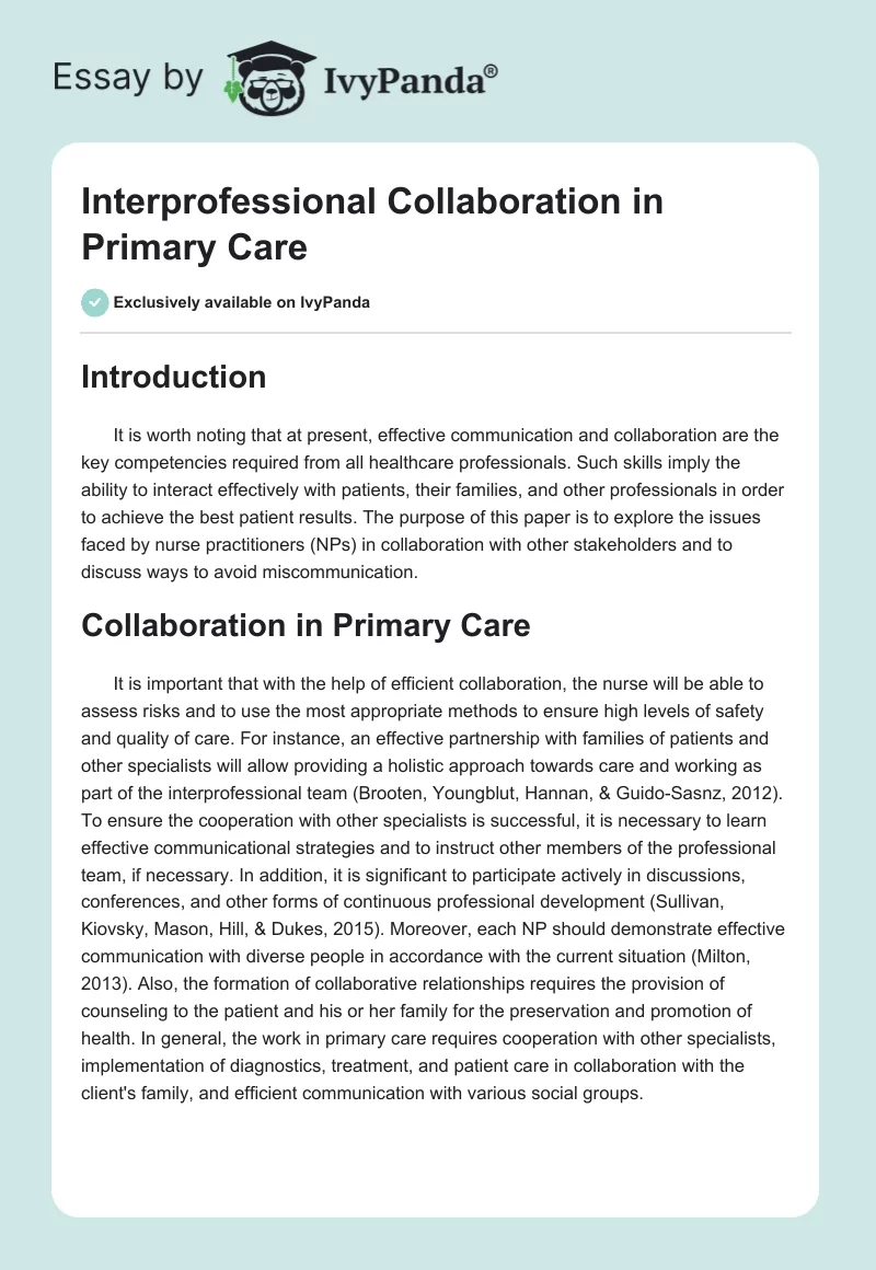 Interprofessional Collaboration in Primary Care. Page 1