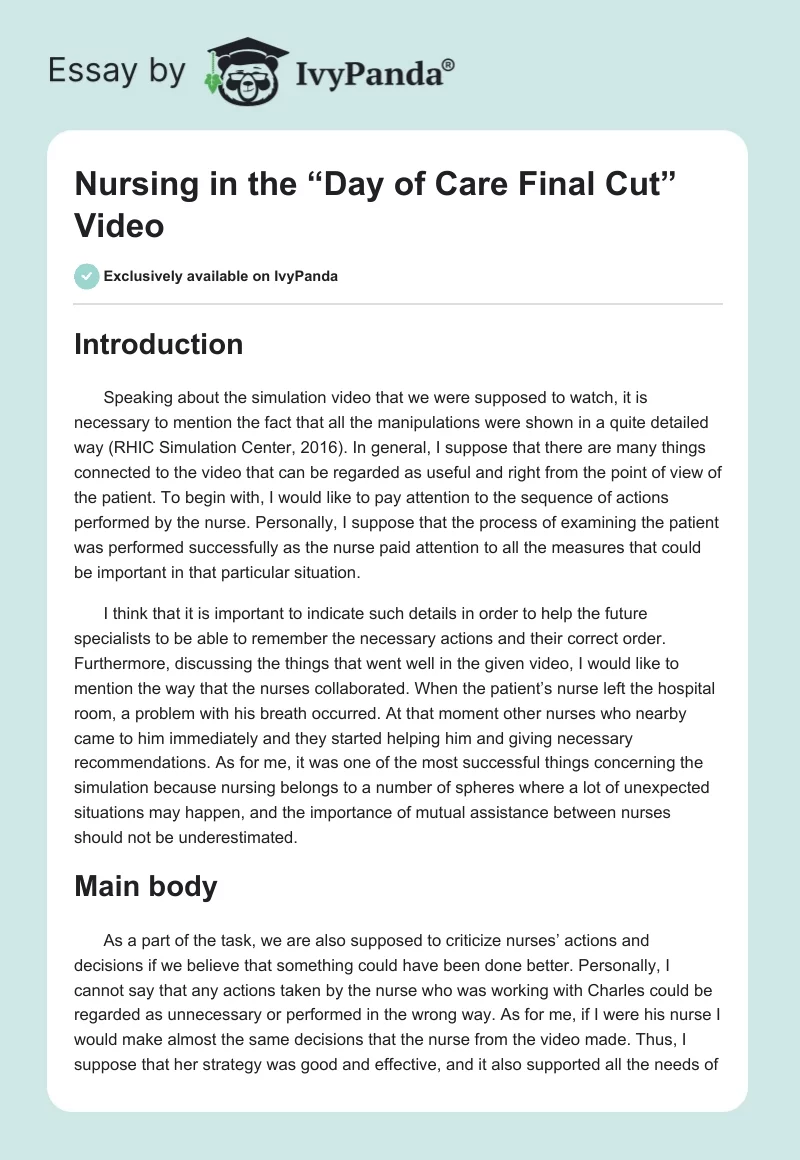 Nursing in the “Day of Care Final Cut” Video. Page 1