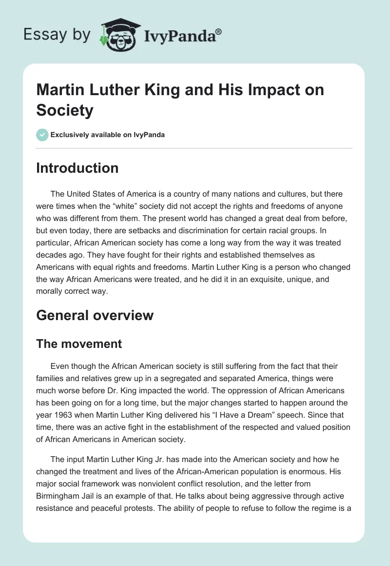 Martin Luther King and His Impact on Society. Page 1