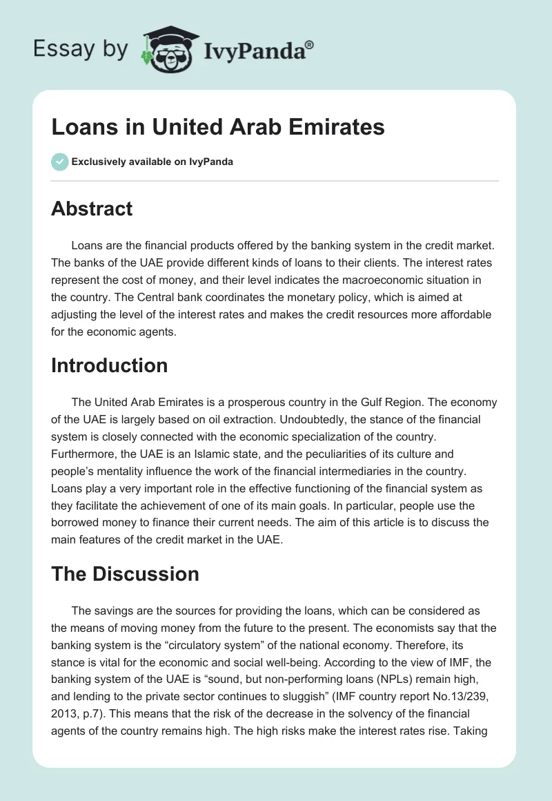 Loans in United Arab Emirates. Page 1