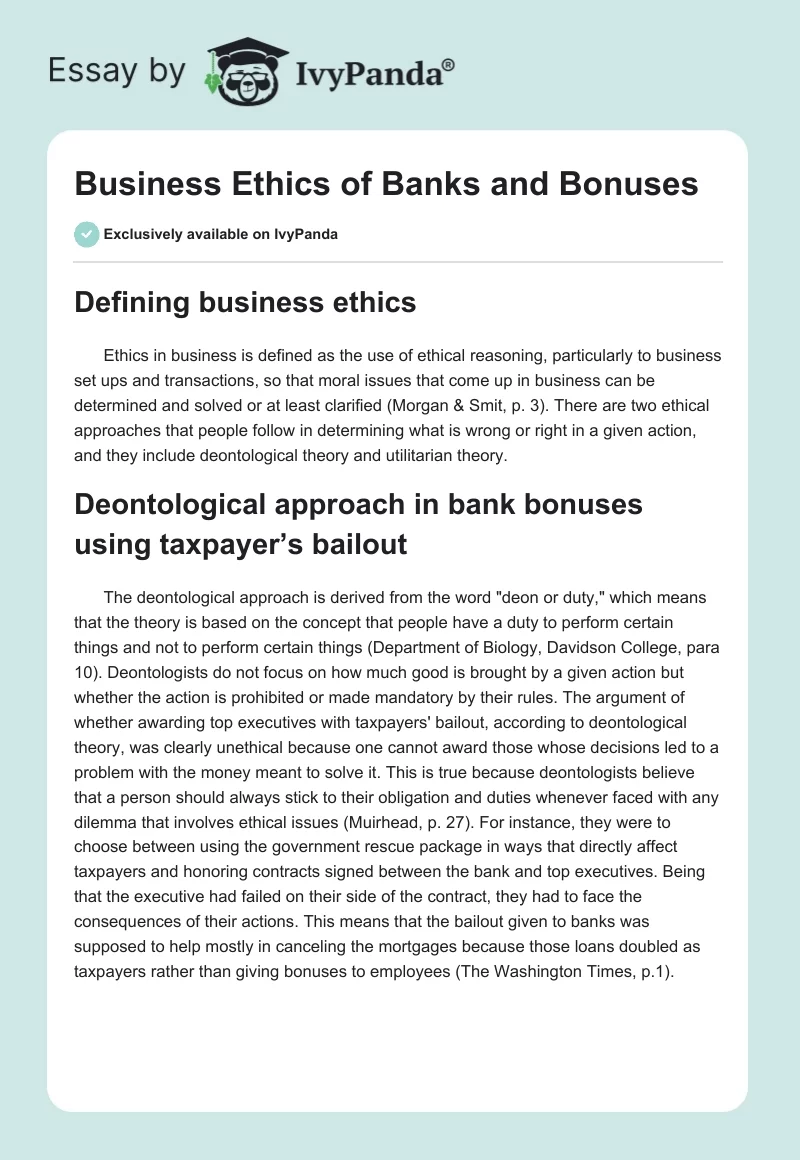Business Ethics of Banks and Bonuses. Page 1