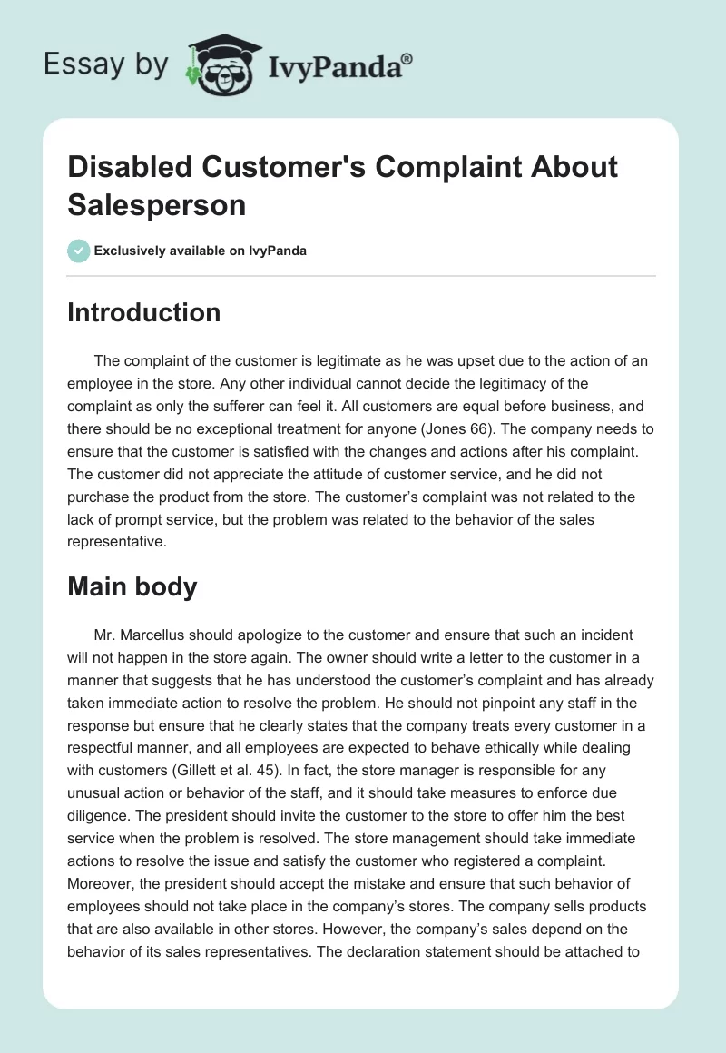 Disabled Customer's Complaint About Salesperson. Page 1