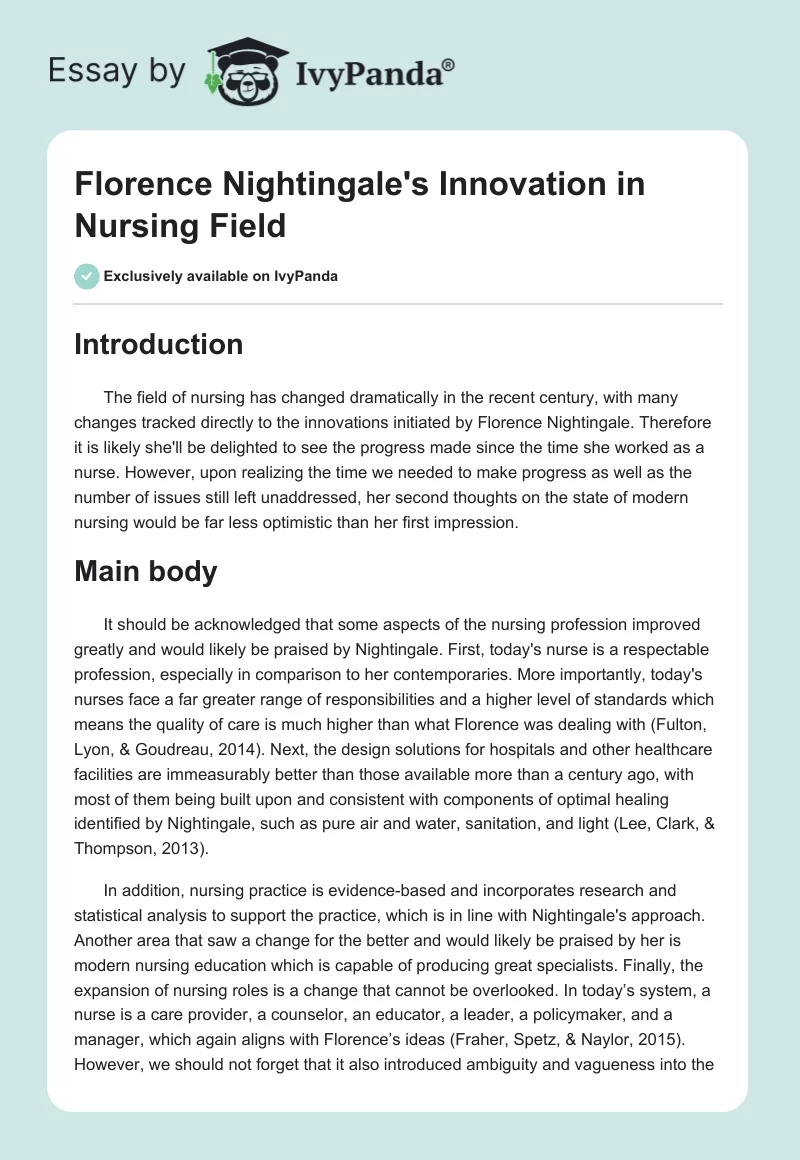 Florence Nightingale's Innovation in Nursing Field. Page 1