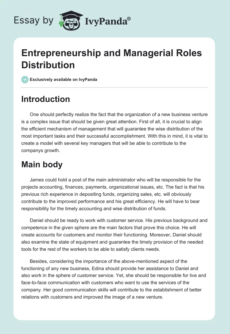 Entrepreneurship and Managerial Roles Distribution. Page 1