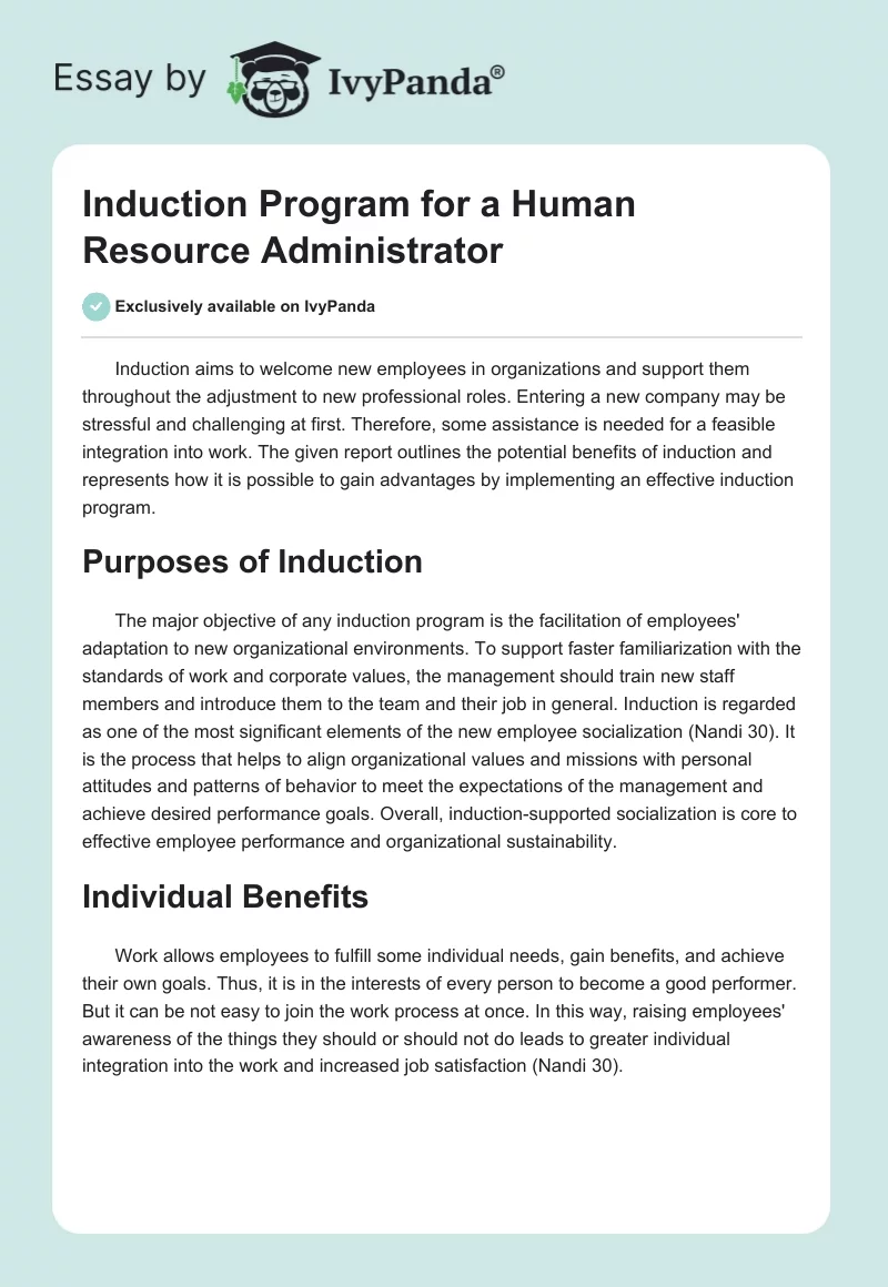 Induction Program for a Human Resource Administrator. Page 1
