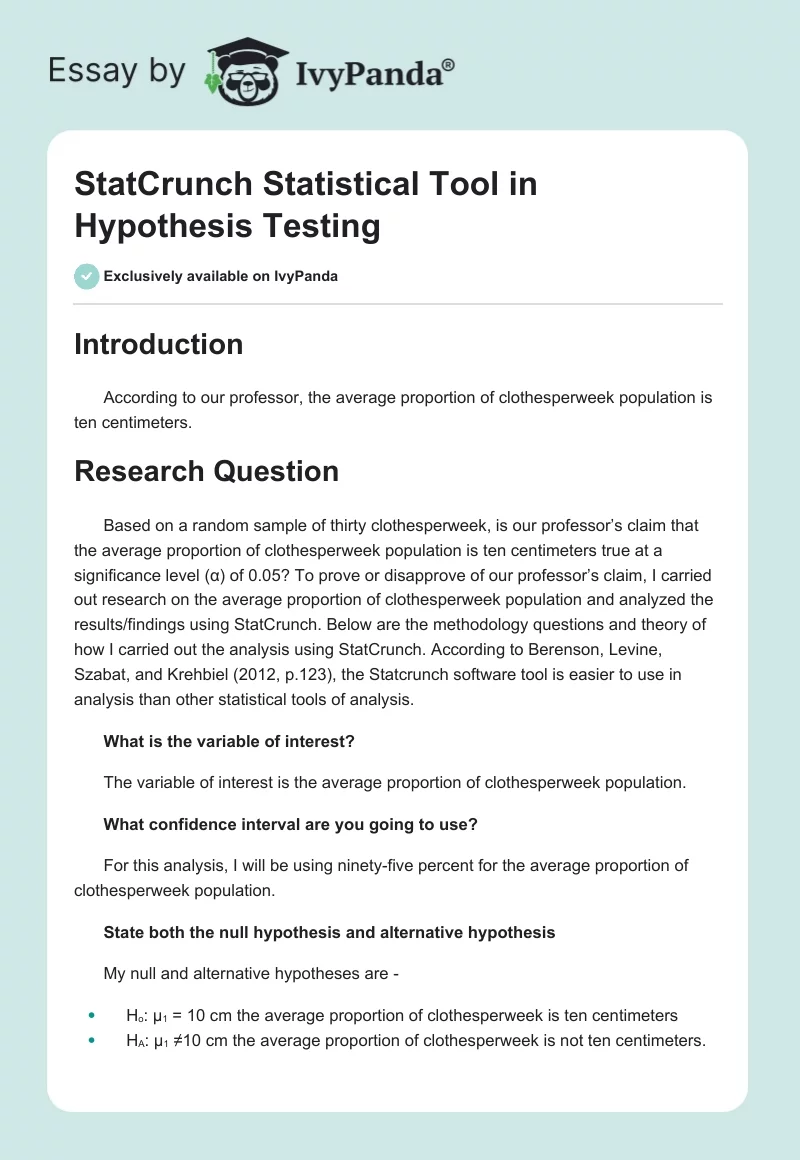 StatCrunch Statistical Tool in Hypothesis Testing. Page 1