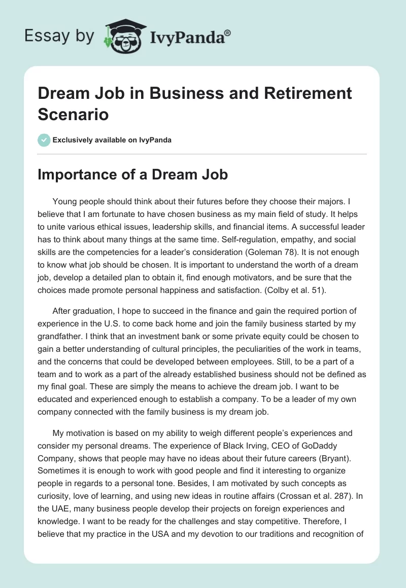Dream Job in Business and Retirement Scenario. Page 1