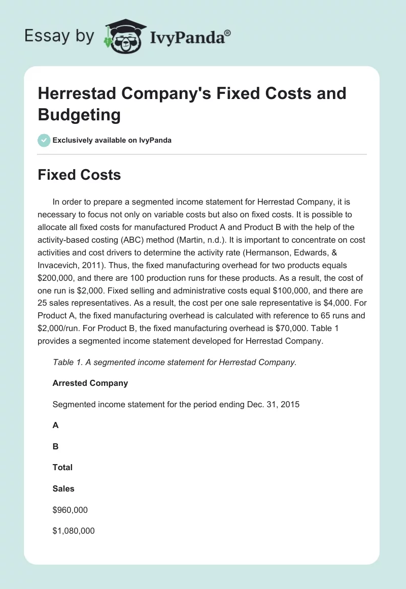 Herrestad Company's Fixed Costs and Budgeting. Page 1