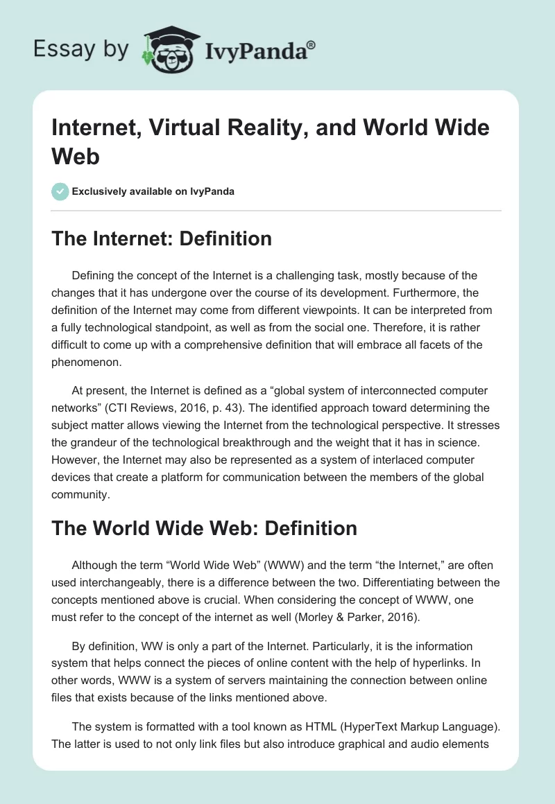 Internet, Virtual Reality, and World Wide Web. Page 1