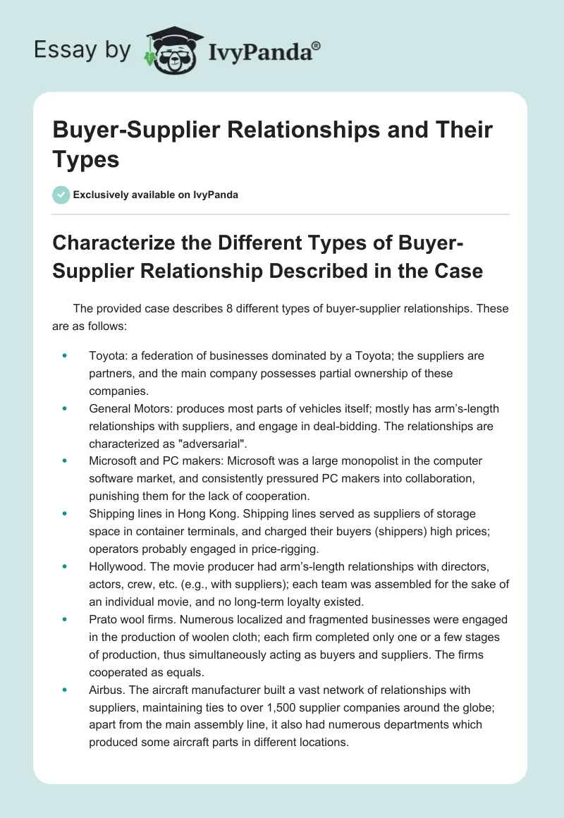 Buyer-Supplier Relationships and Their Types. Page 1