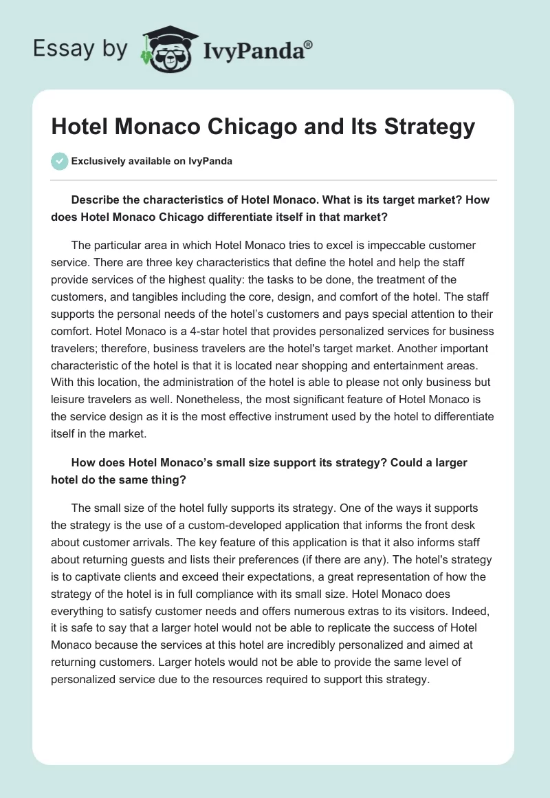 Hotel Monaco Chicago and Its Strategy. Page 1
