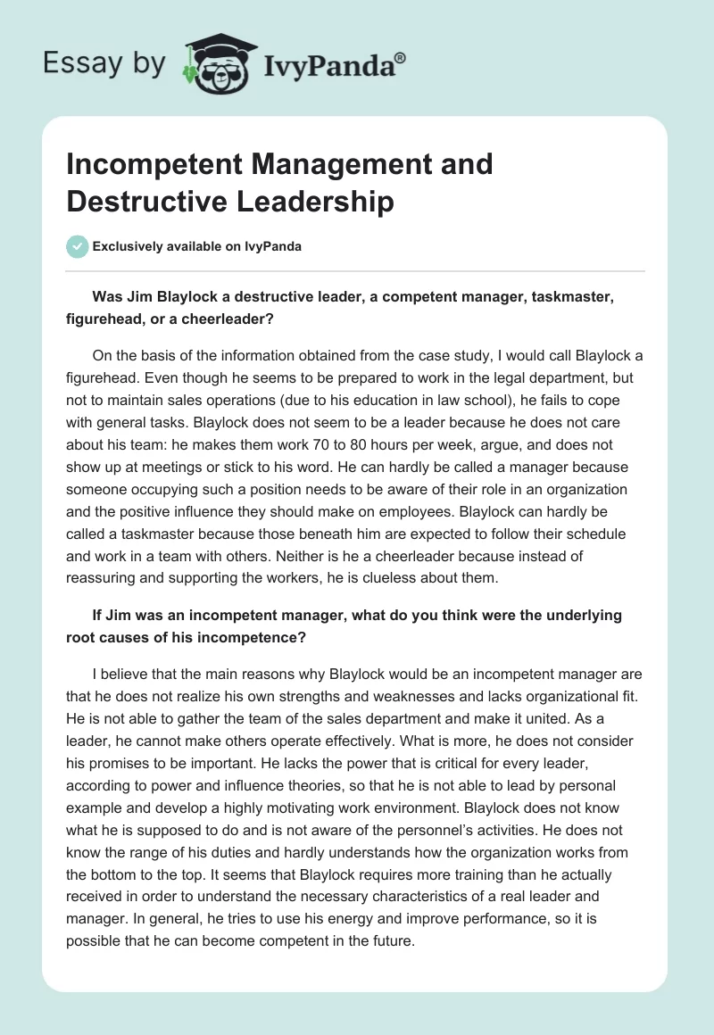 Incompetent Management and Destructive Leadership. Page 1
