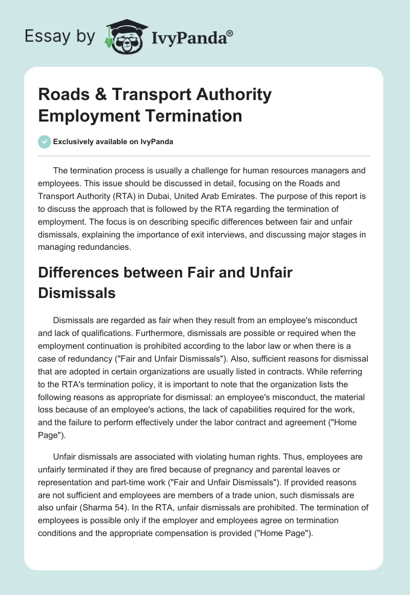 Roads & Transport Authority Employment Termination. Page 1