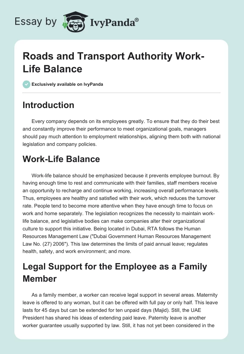 Roads and Transport Authority Work-Life Balance. Page 1