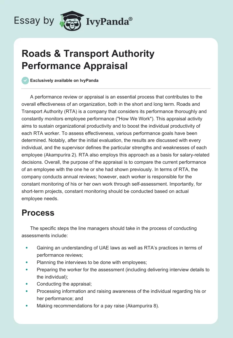 Roads & Transport Authority Performance Appraisal. Page 1