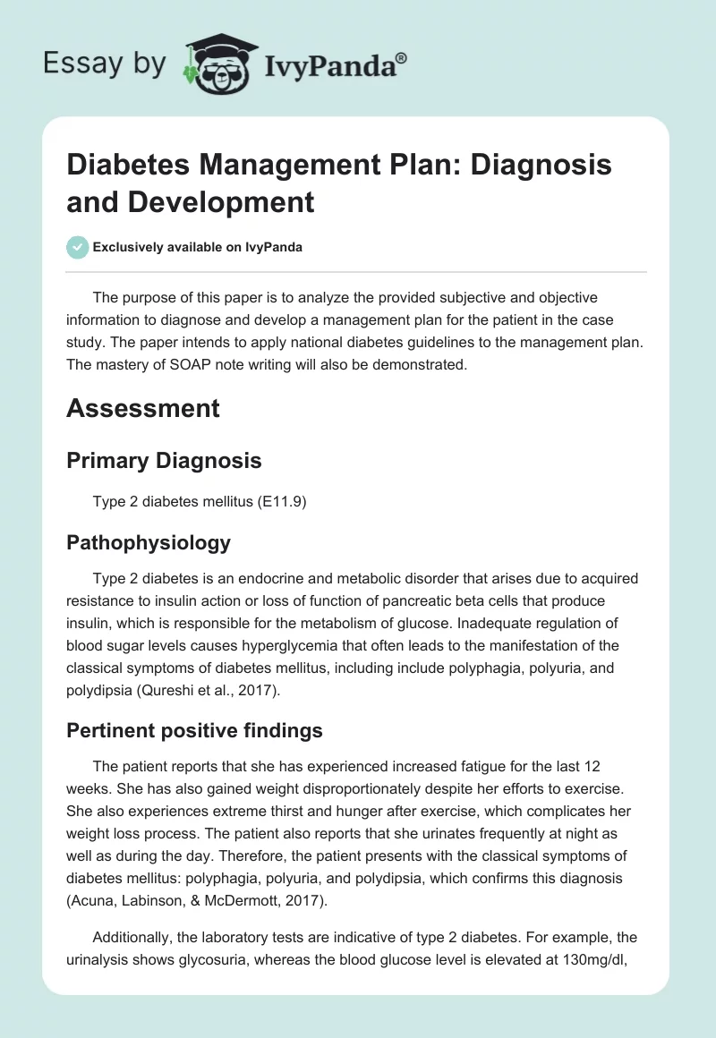 Diabetes Management Plan: Diagnosis and Development. Page 1