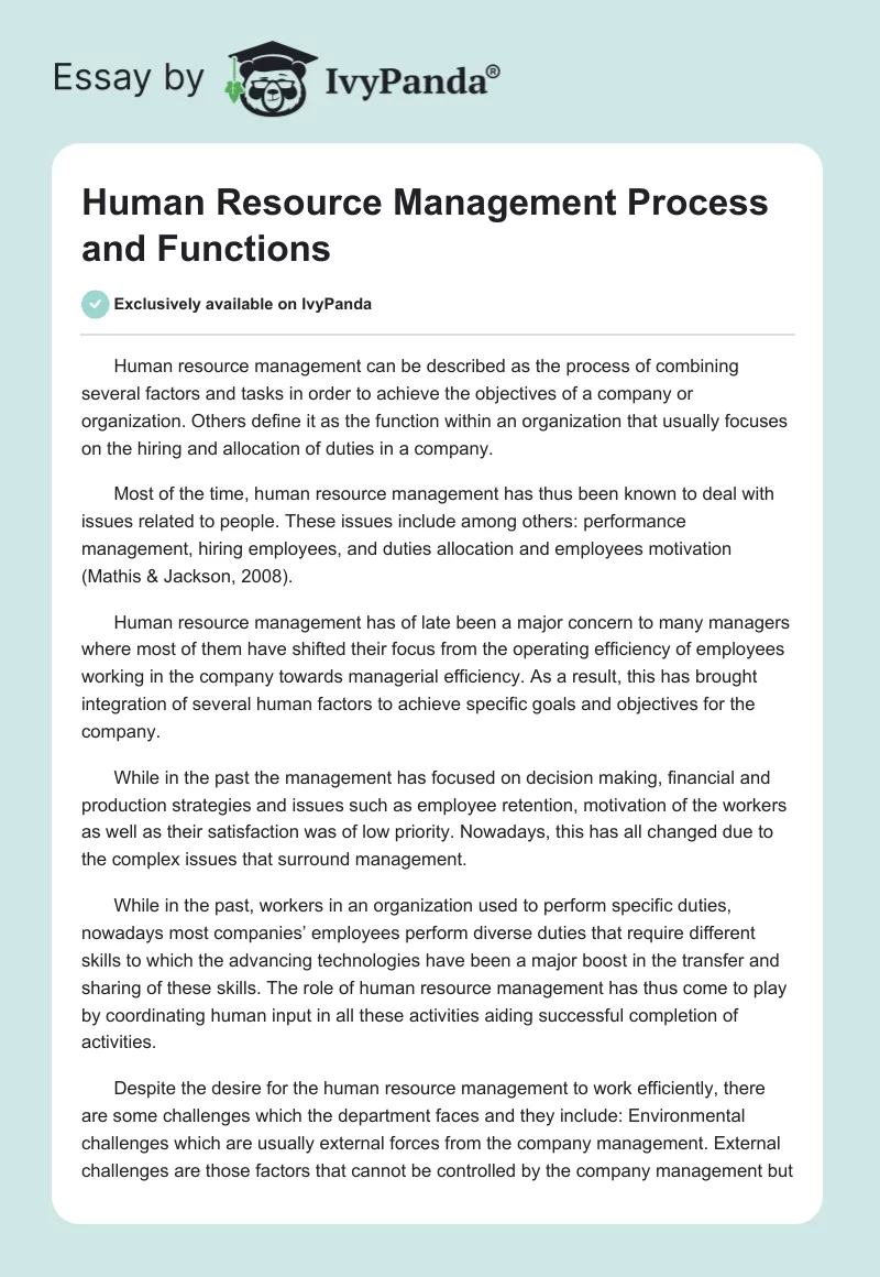 Human Resource Management Process and Functions. Page 1