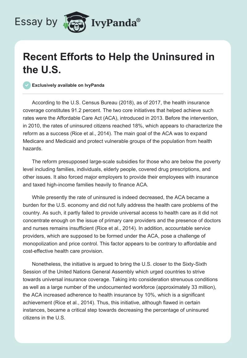 Recent Efforts to Help the Uninsured in the U.S.. Page 1