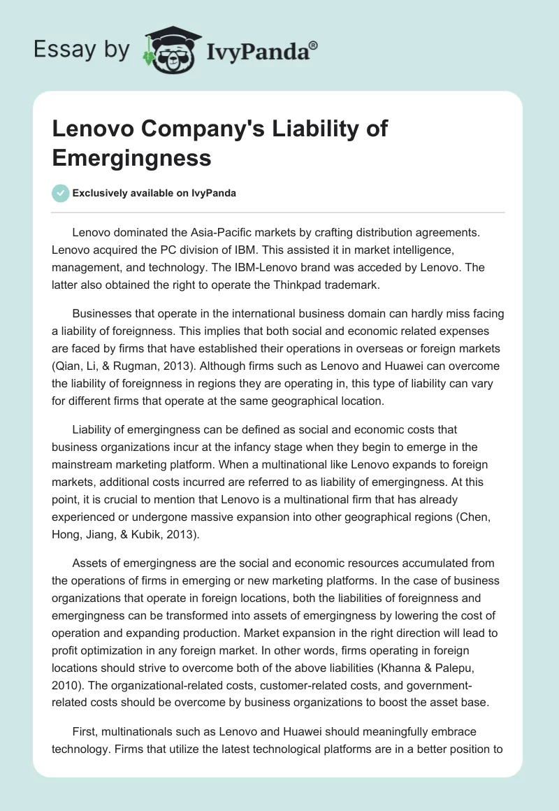 Lenovo Company's Liability of Emergingness. Page 1