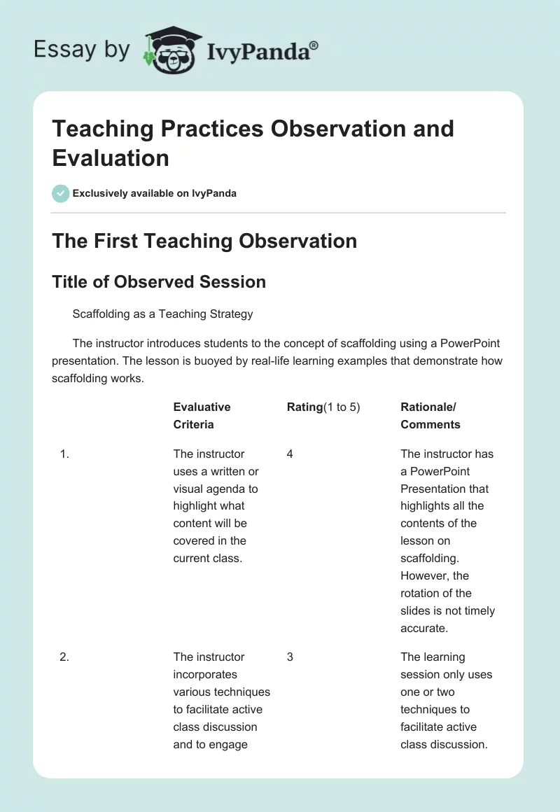 Teaching Practices Observation and Evaluation. Page 1