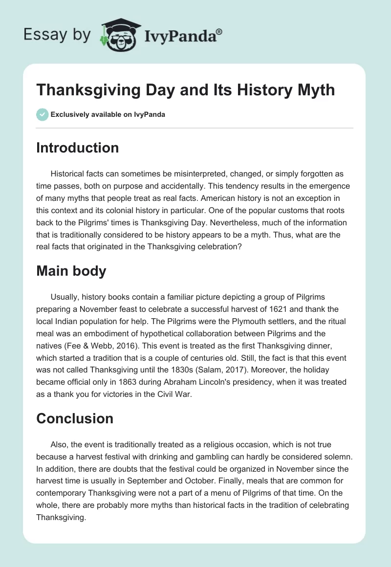 Thanksgiving Day and Its History Myth. Page 1