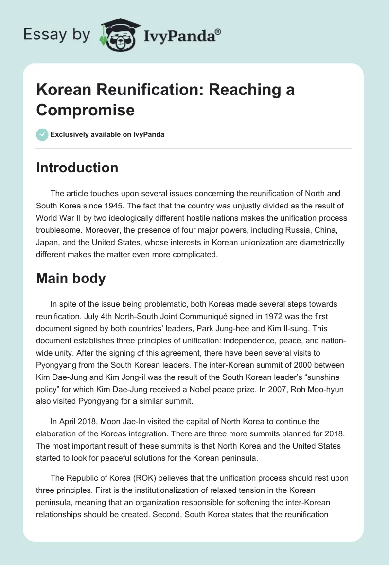 Korean Reunification: Reaching a Compromise. Page 1