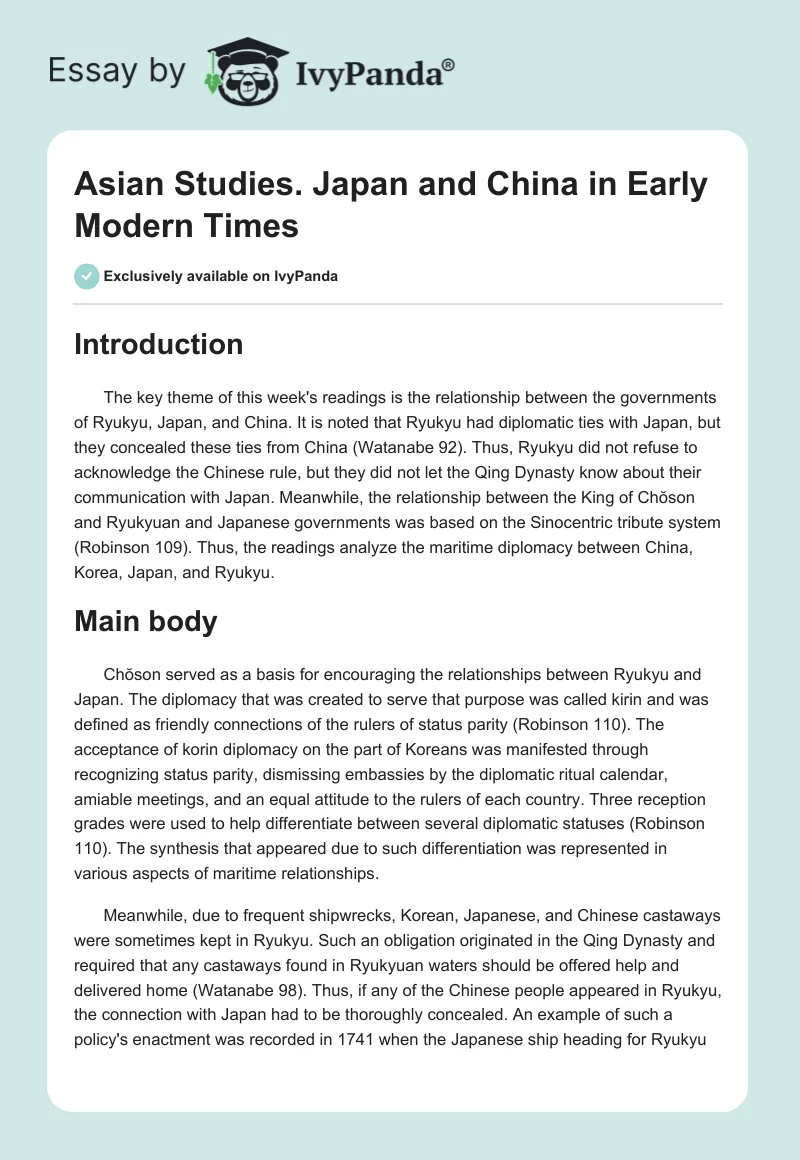 Asian Studies. Japan and China in Early Modern Times. Page 1