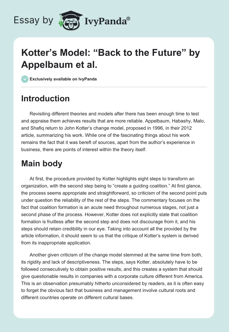 Kotter’s Model: “Back to the Future” by Appelbaum et al.. Page 1