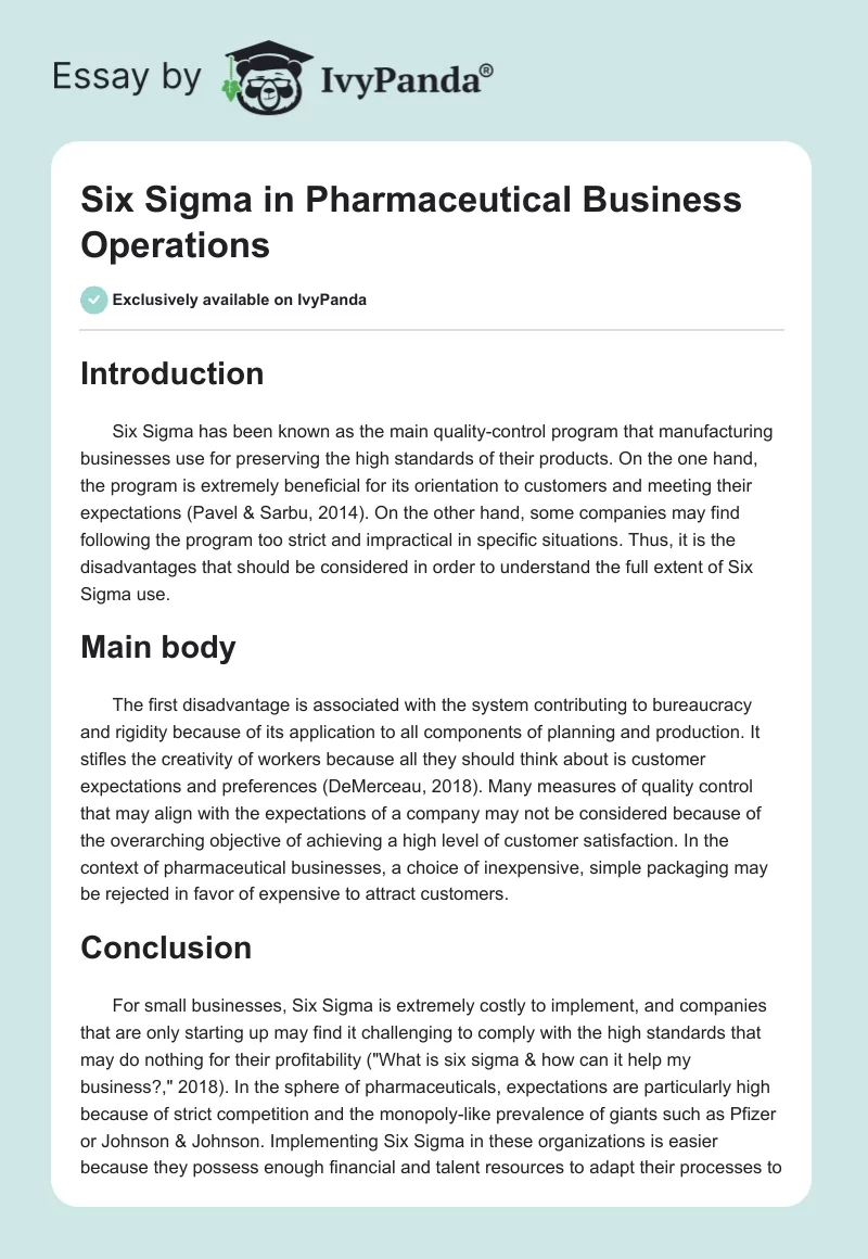 Six Sigma in Pharmaceutical Business Operations. Page 1