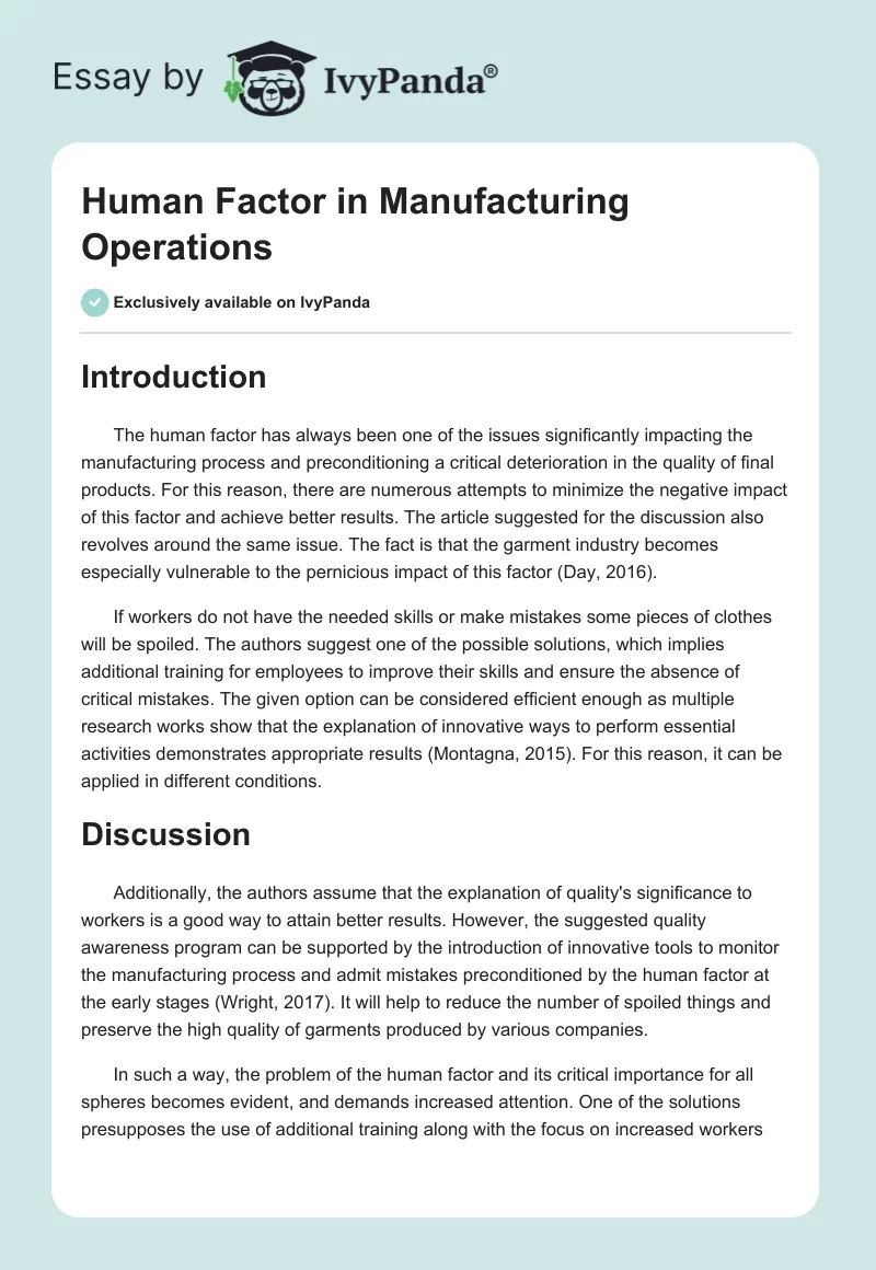Human Factor in Manufacturing Operations. Page 1