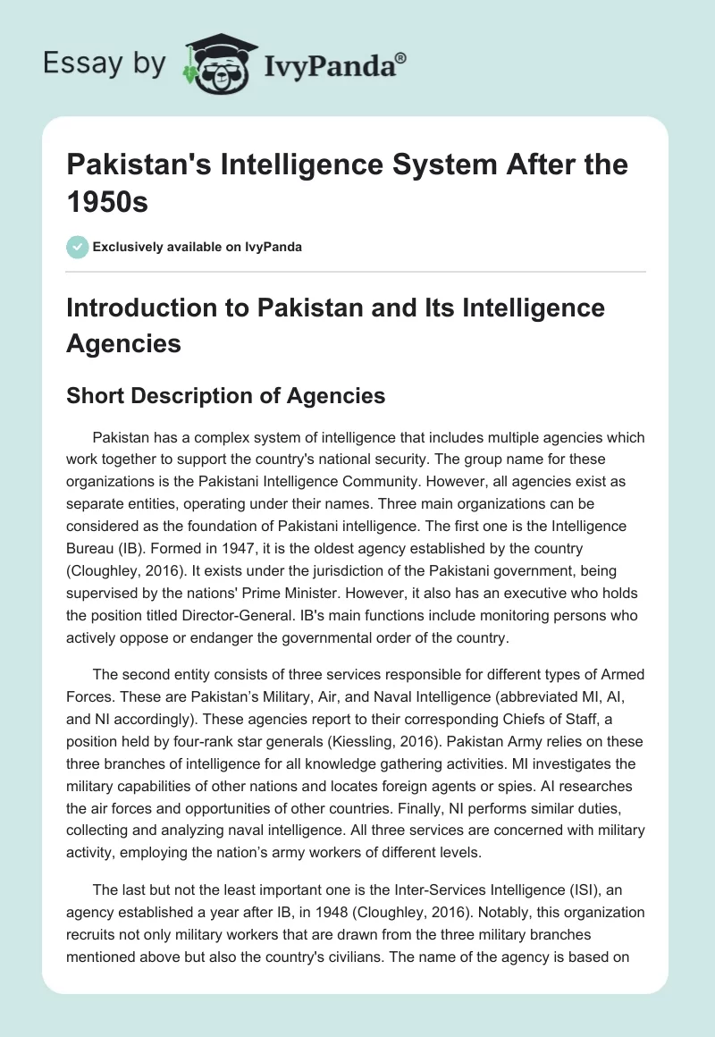 Pakistan's Intelligence System After the 1950s. Page 1