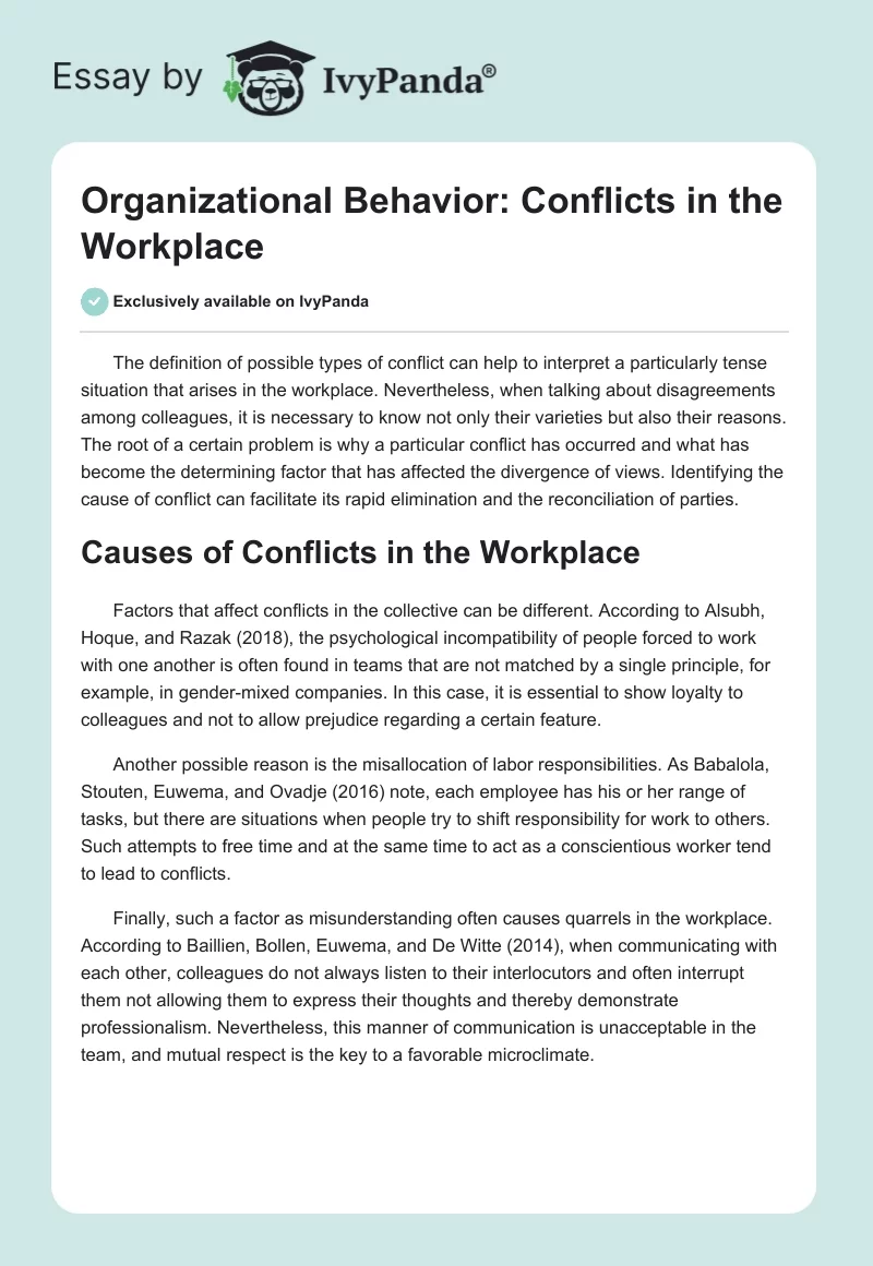 Organizational Behavior: Conflicts in the Workplace. Page 1