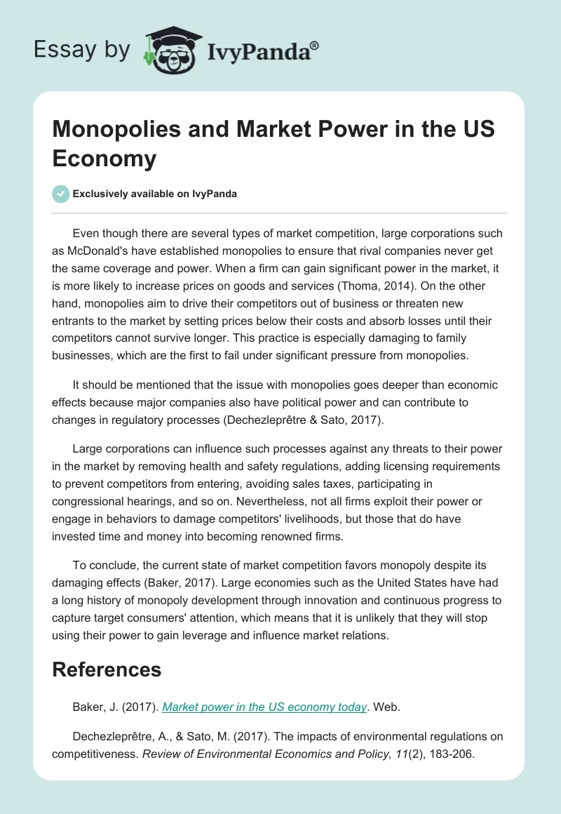 Monopolies and Market Power in the US Economy. Page 1