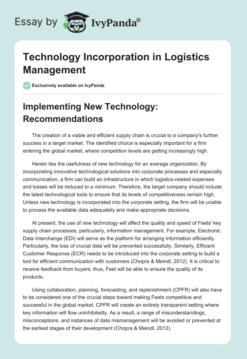 Technology Incorporation in Logistics Management. Page 1