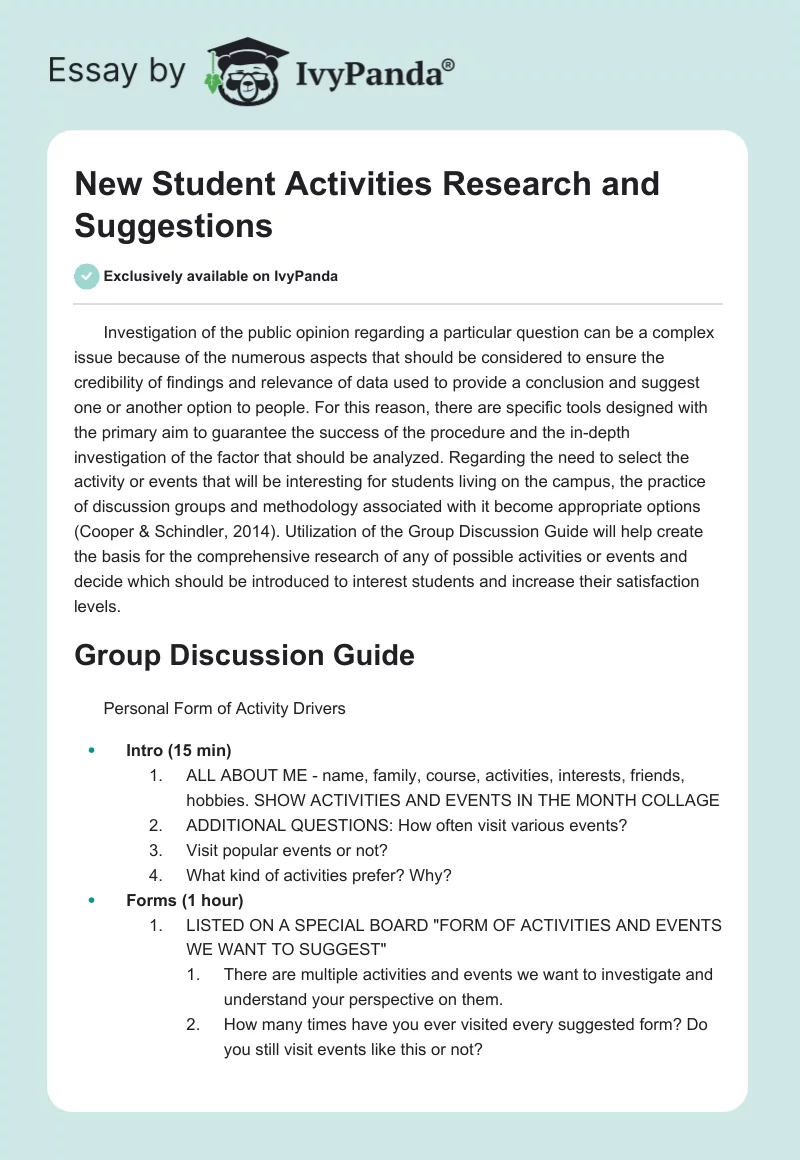 New Student Activities Research and Suggestions. Page 1