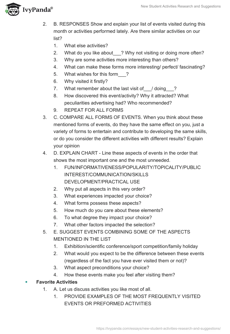 New Student Activities Research and Suggestions. Page 2