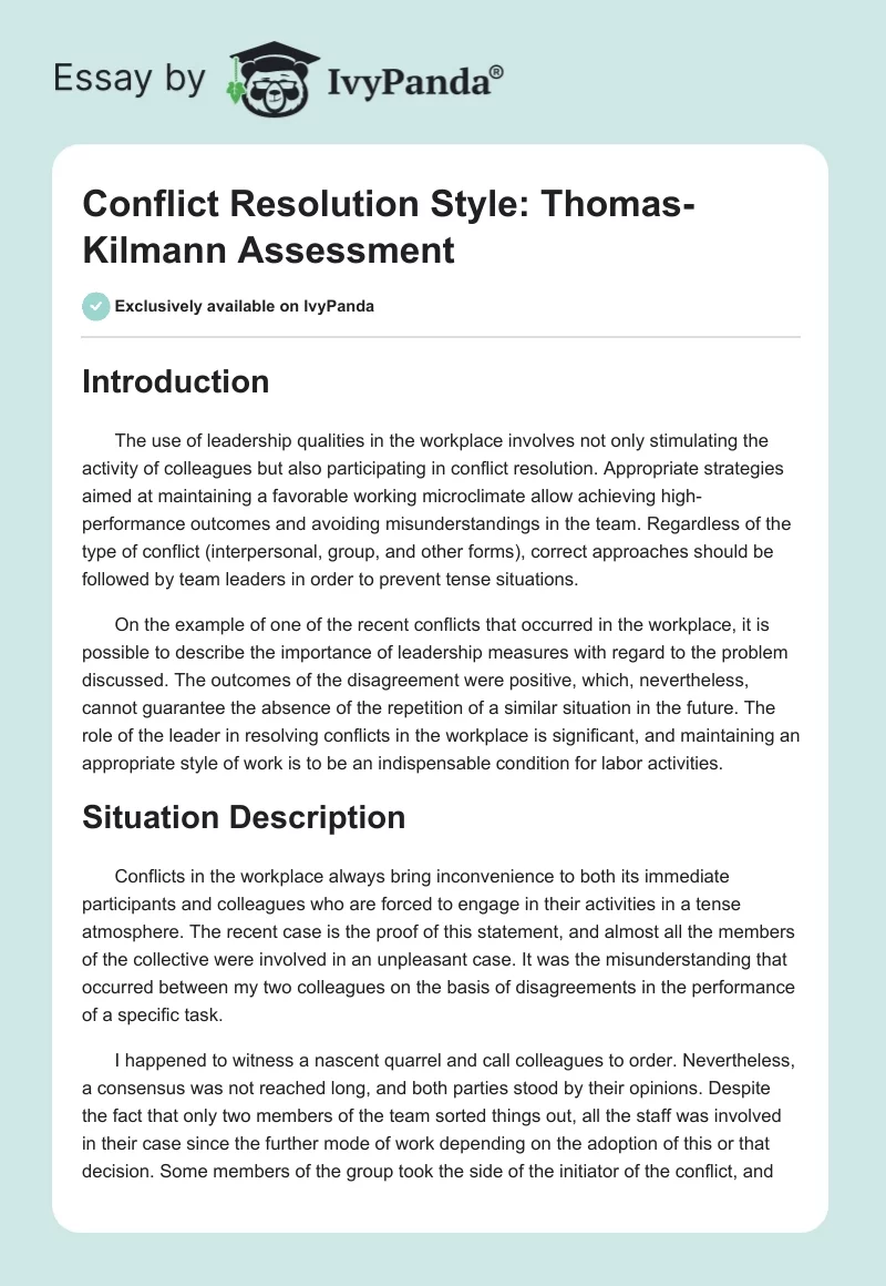 Conflict Resolution Style: Thomas-Kilmann Assessment. Page 1