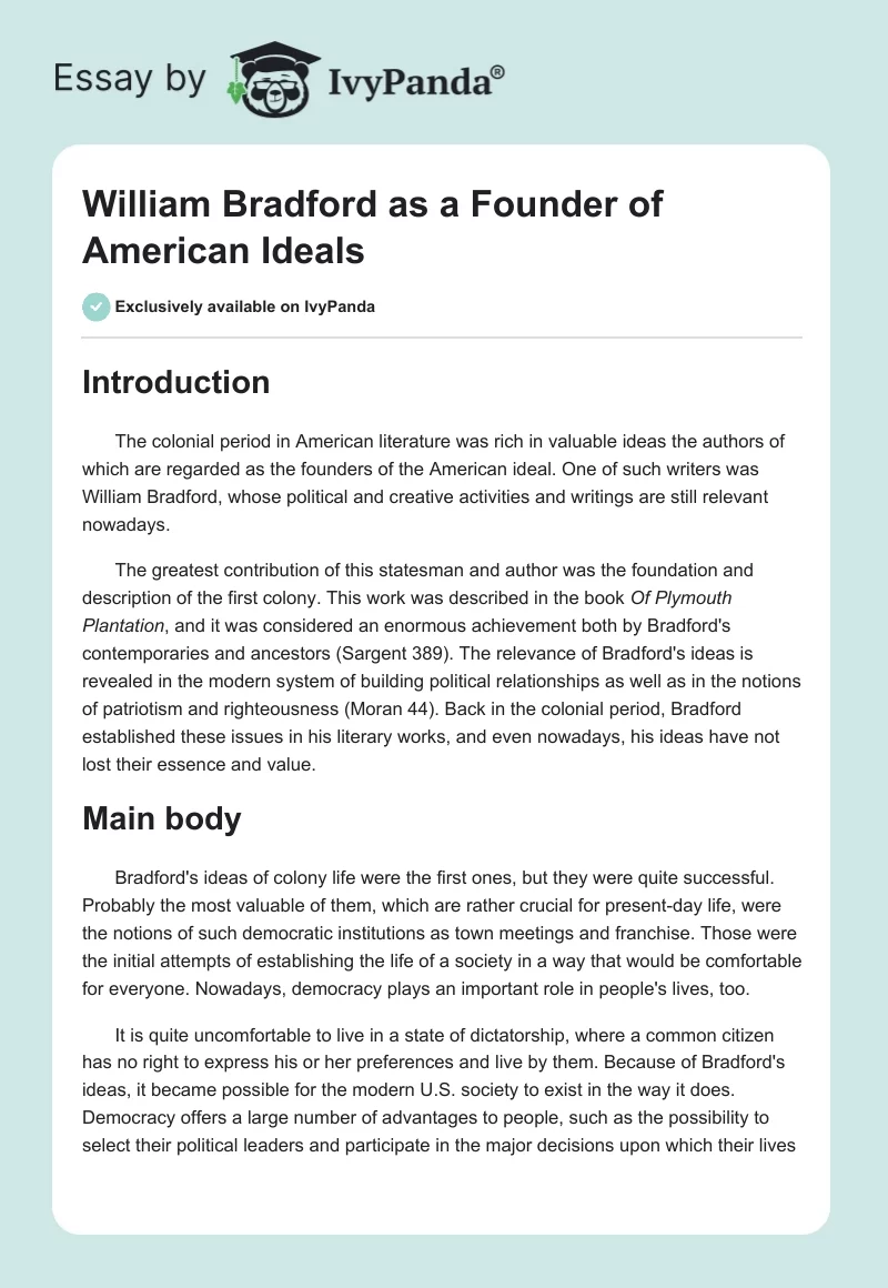 William Bradford as a Founder of American Ideals. Page 1