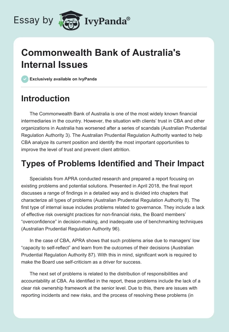 Commonwealth Bank of Australia's Internal Issues. Page 1