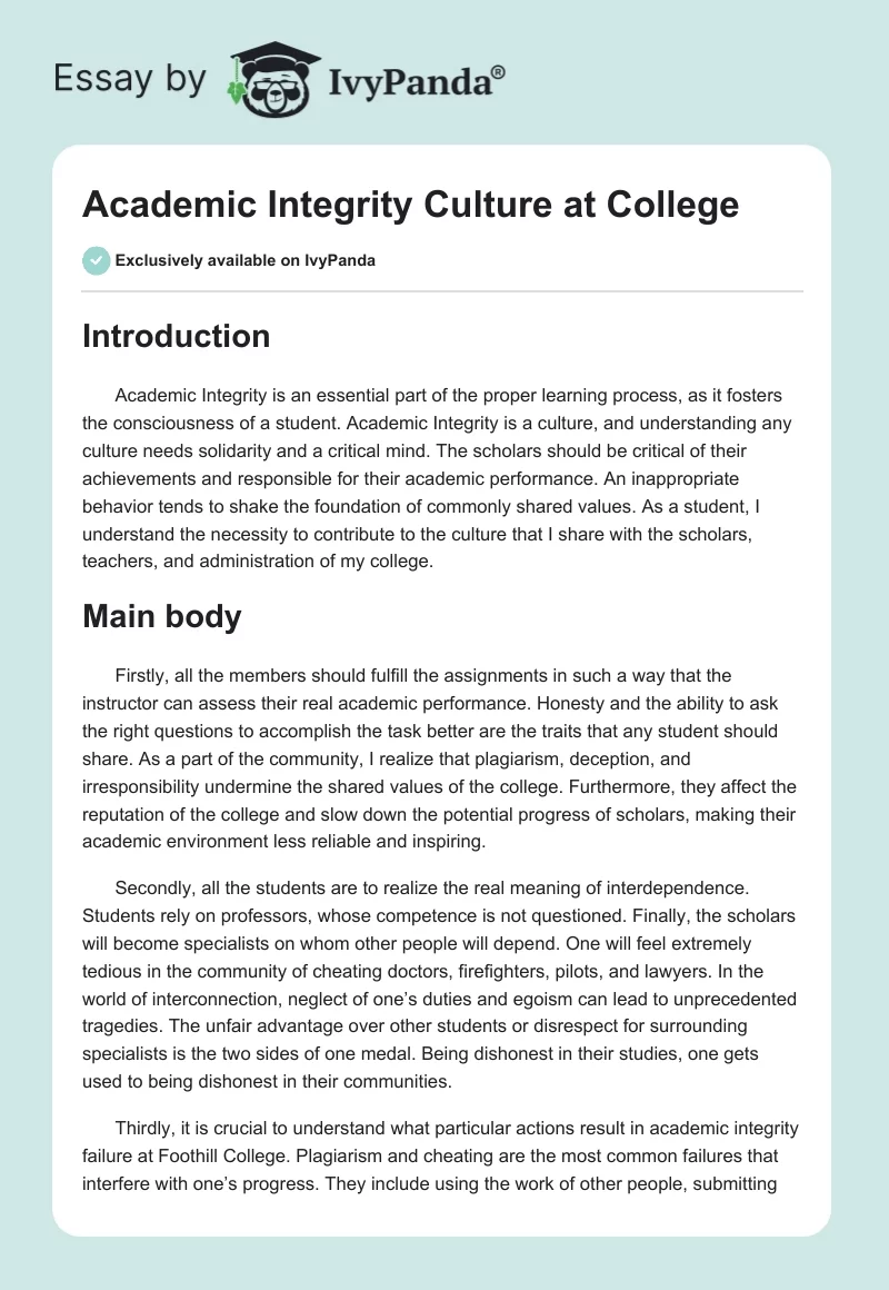 Academic Integrity Culture at College. Page 1